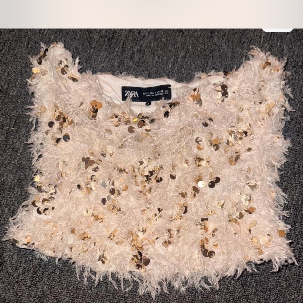 Zara Cream Sequin Feather Top